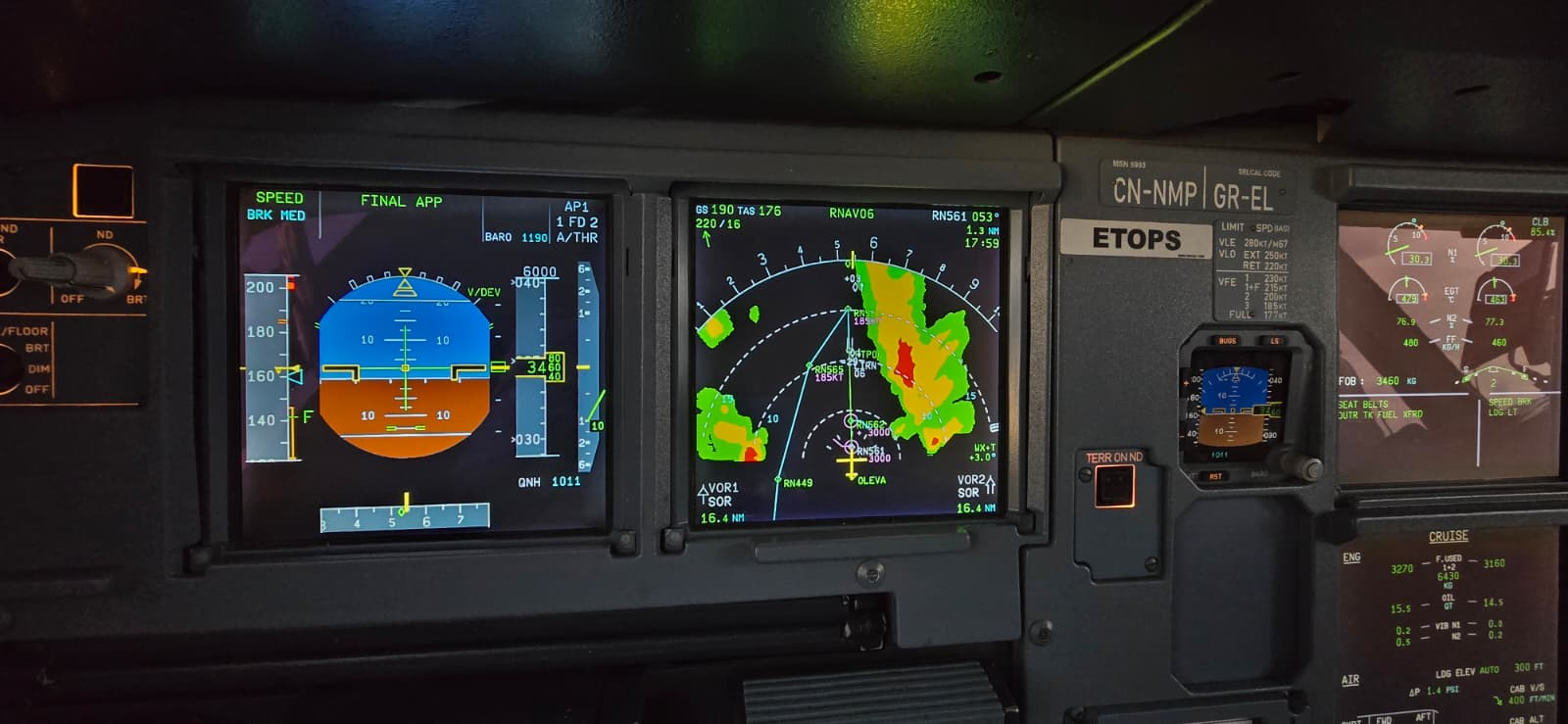 Bright instrument panel inside the Airbus A320 simulator