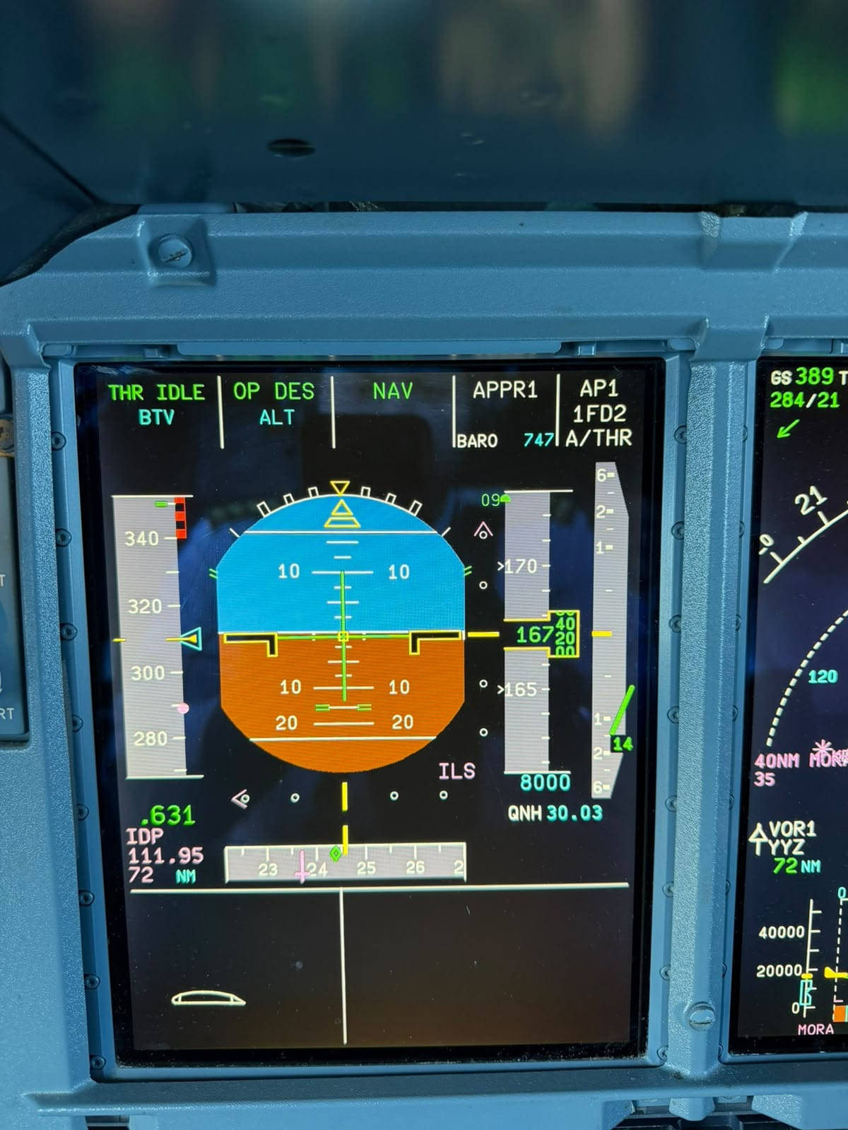 Primary flight display showing the instrument approach