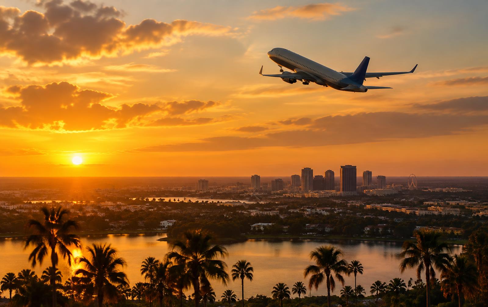 Airliner climbing over Orlando at sunset
